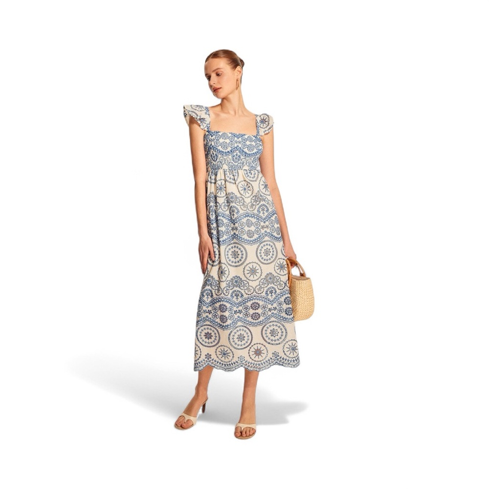 COMMENSE Semi-Sheer Boho Floral Back Cutout Dress NWT embroidered ruche stretch